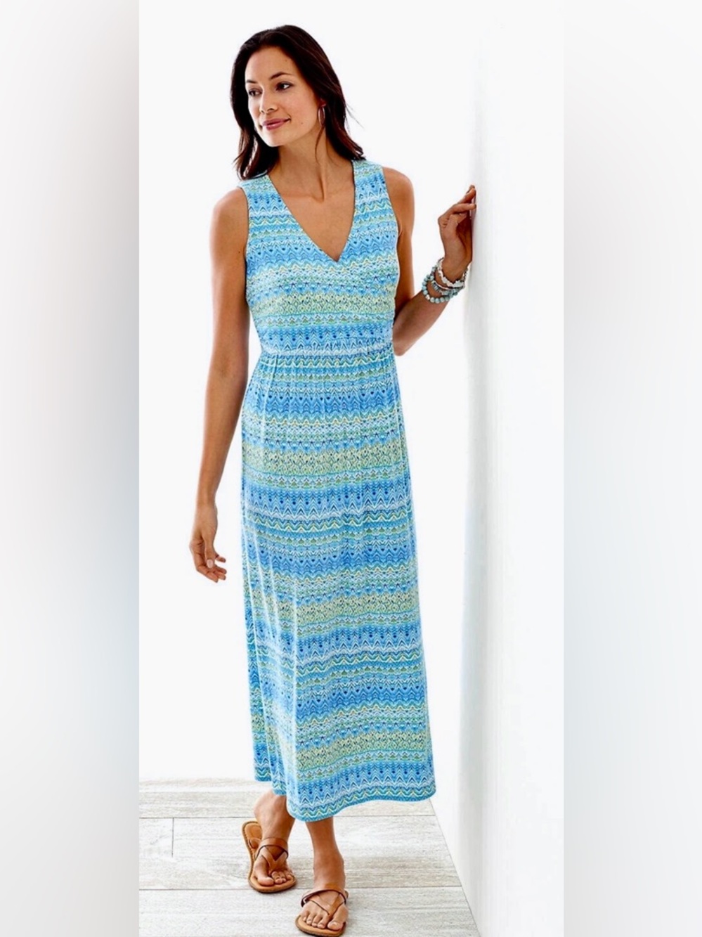 J. Jill Blue and Green Sleeveless V-Neck Maxi Dress